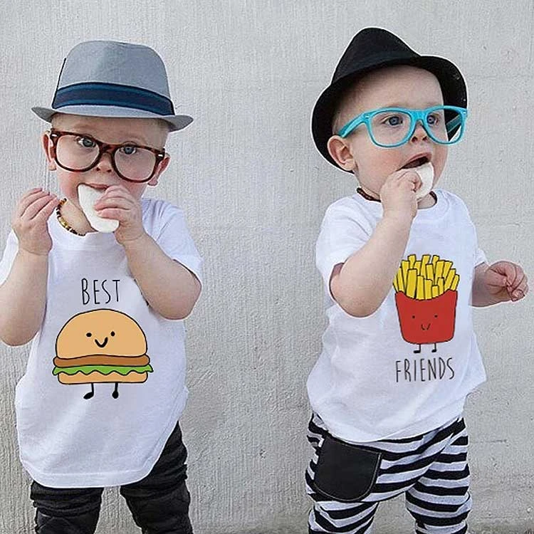 Kids boys and girls love print baby twin clothes best friends t-shirt