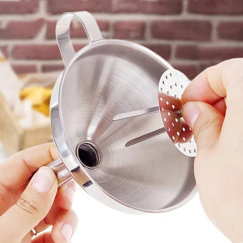 Kitchen Accessories Wide Mouth Mental Stainless Steel Cone Filter Oil Funnel with Strainer
