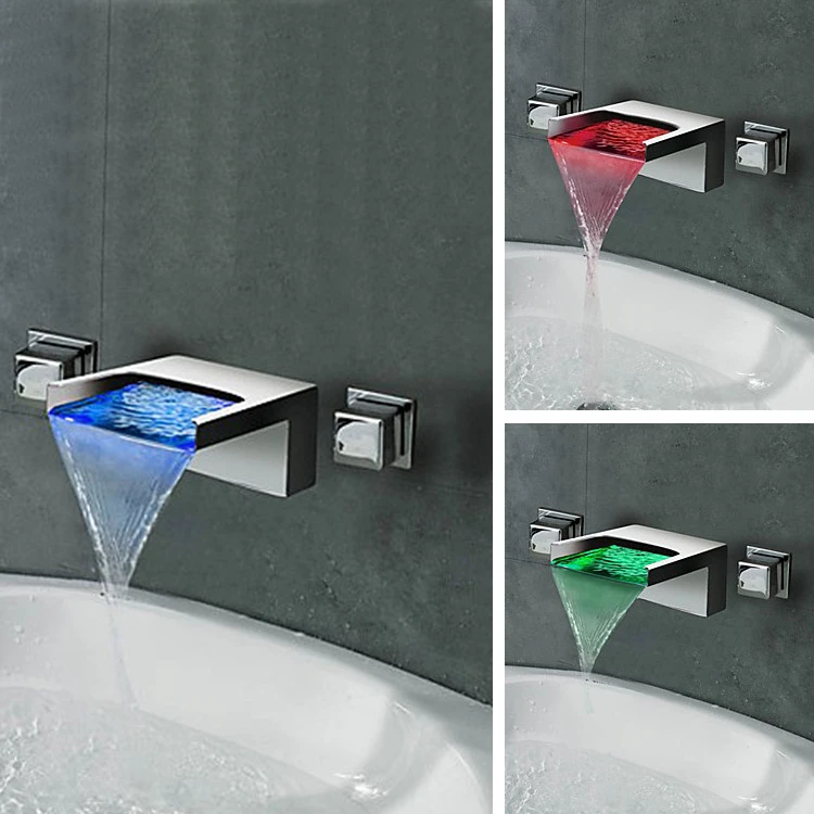 Luxury bathroom design wall mounted waterfall waterfall faucet led led bathroom sink faucet MLFALLS