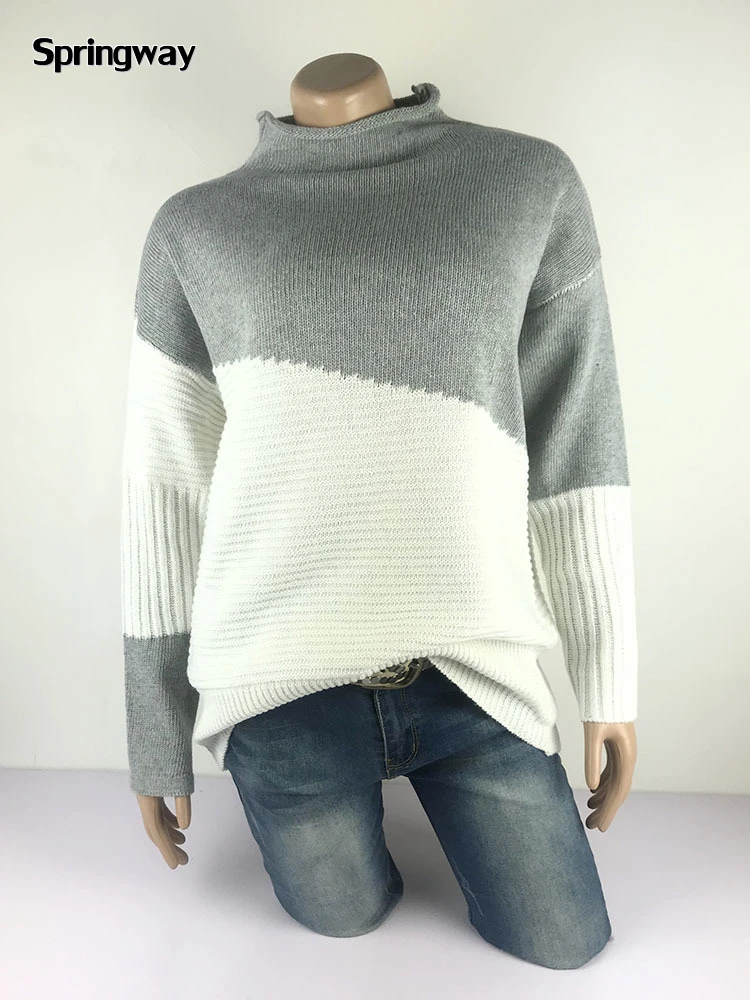 m0010 2020 Winter New Products Color Blocking Asymmetrical Turtleneck Knitwear Sweater For Women