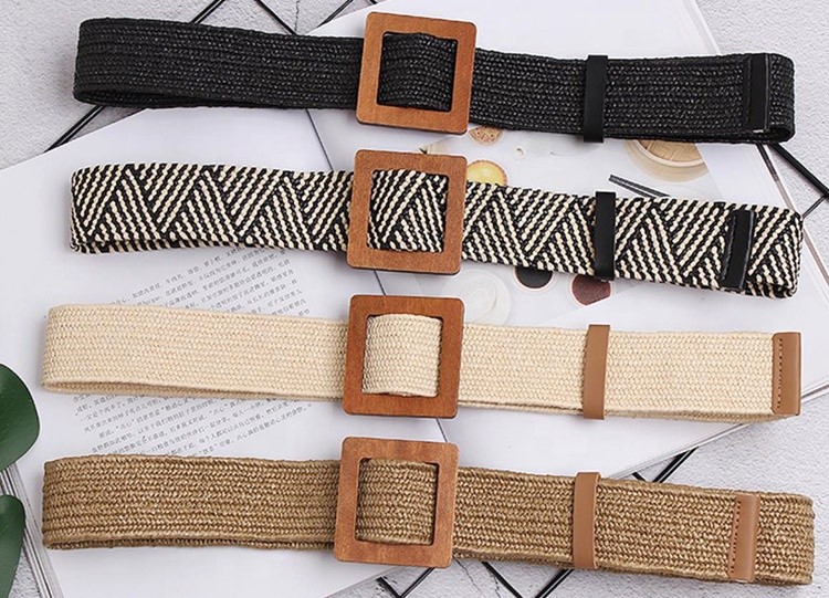 New Fashion Bohemia Wholesale Wide Stretch PP Straw Woven Wooden Buckle Belt