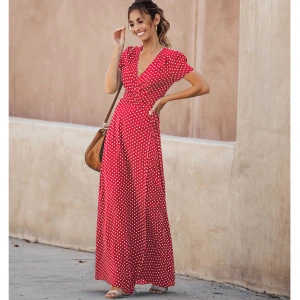 New summer womens short sleeve long skirt V-neck printed Polka Dot Dress
