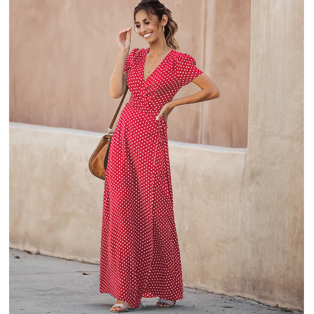 New summer womens short sleeve long skirt V-neck printed Polka Dot Dress