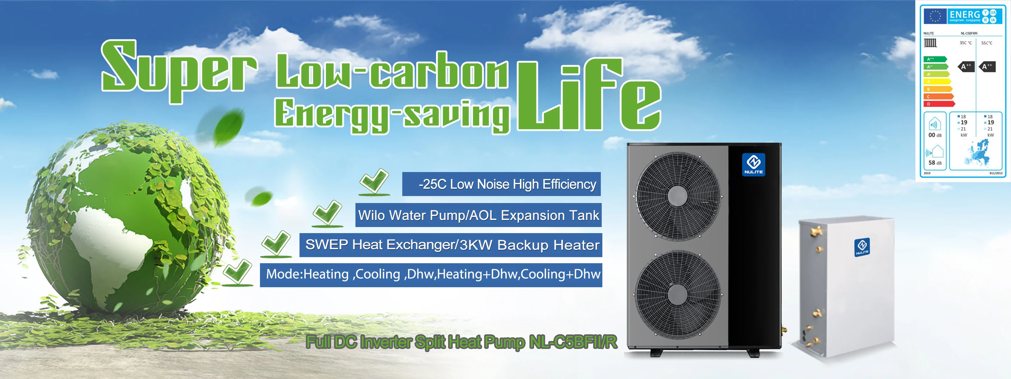 NULITE 20KW BKDX50-200I/150 air source heat pump hot water for floor heating cooling