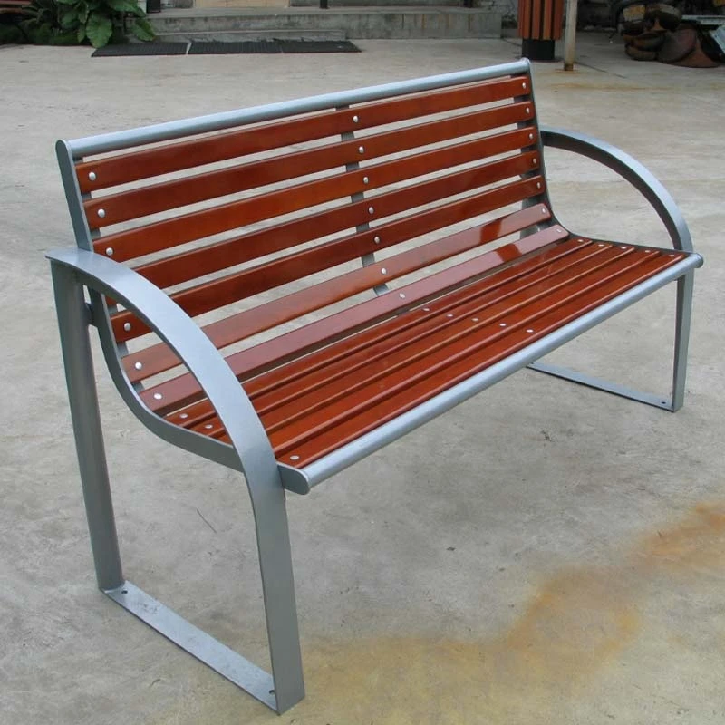 Outdoor furniture eco-friendly solid wood bench garden wood and steel sitting bench with backrest outside street patio benches