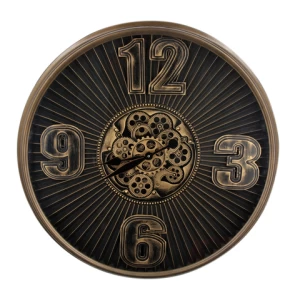 Oversized Round Antique Style Metal Decorate Wall Clock Movement Mechanism With Moving Gears and Arabic Numerals on Glass
