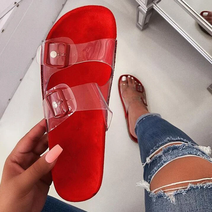 PDEP fashion two buckle summer footwear  for ladies platform open-toe  slipper beautiful transparent  sandals flat