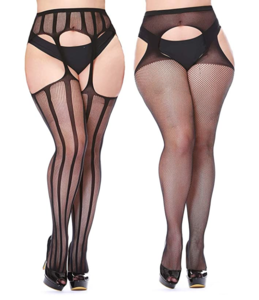 Plus size L XL XXL size hollow out crothless suspender thigh high stockings pantyhose for fat women