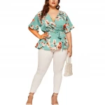 Plus Size V-neck Printing Shirt Waist Belt Loose Tops Chiffon Blouse Shirt for Women