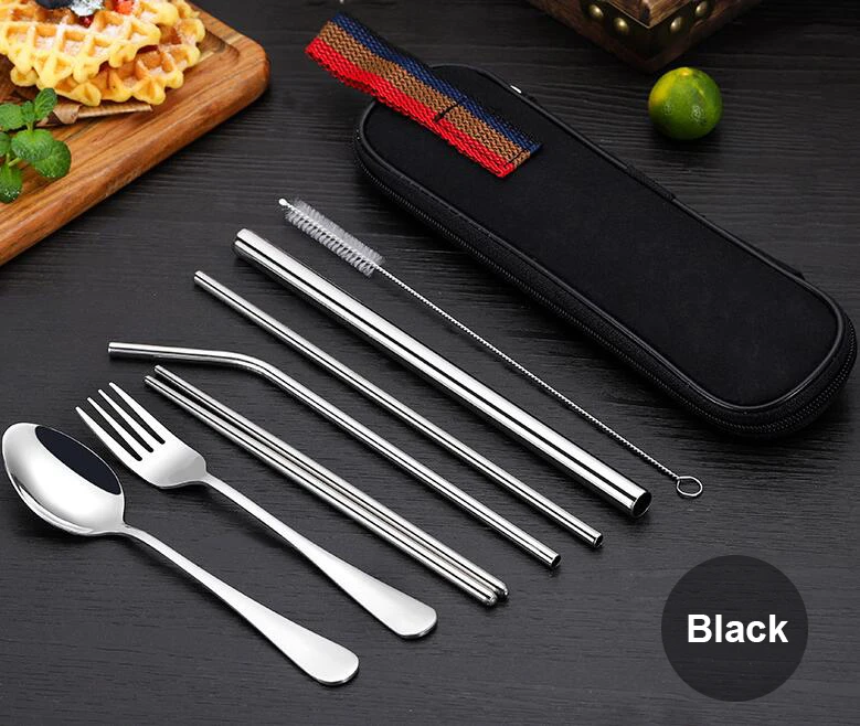 Promo hot sale stainless steel tableware set with spoon fork chopsticks straw brush stainless steel tableware