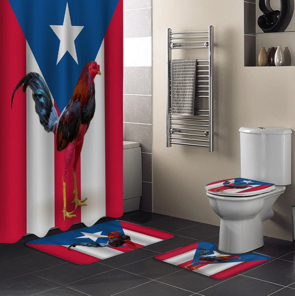 Puerto Rico Flag Frogs Designs Bathroom 4 pieces Curtain Toilet Lid Set