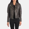 Real Leather Sheepskin Aniline Zipper Carolyn Quilted Distressed Brown Women Biker Jacket with Quilted Viscose Lining and Inside
