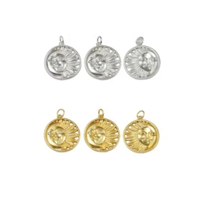 Rhodium &amp; Gold Plated  Jewelry Making Findings Coin Charm Brass Pendant Fashion Sun And Moon Pendants Charms For Jewelry Making