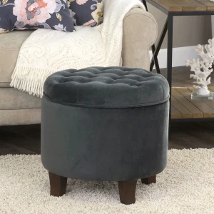 Round Seated Button Tufted Footstool Velvet Round Pouf Storage Ottoman Stool