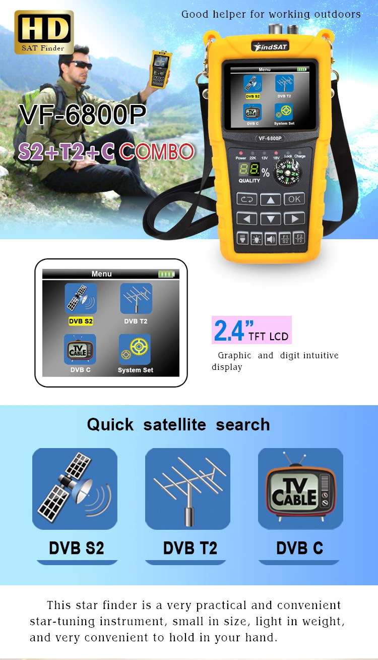 Satellite  Finder Meter DVB-S2+T2+C Combo TV Receiver Signal Meter