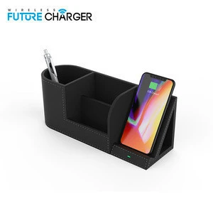 School desk leather organizer pen holder with wireless charger for office supplies