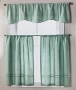 Sheer Kitchen Curtain 3 Piece Woven Check Design 1 Valance 2 Tier Panels