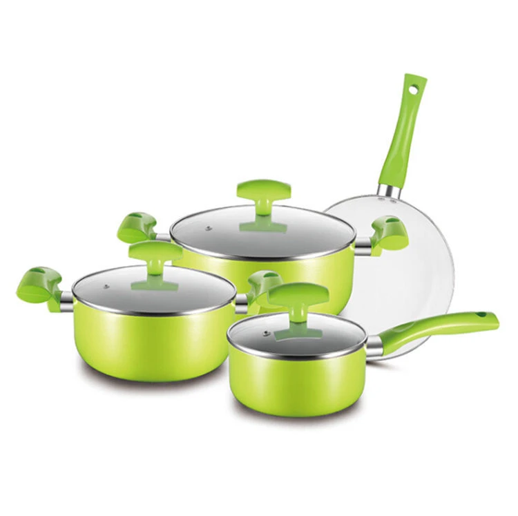 Shiny Green 7pcs Aluminum Pressed Factory Price Ceramic Cookware with Color Painted Accessories