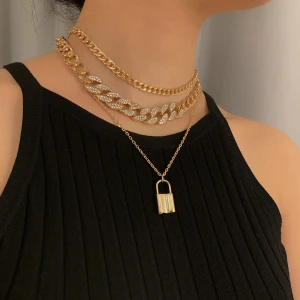 SHIXIN Multi layered Luxury Bling Bling Rhinestones Curb Chunky Cuban Link Chain Necklace Choker Lock Pendant Necklace Jewelry