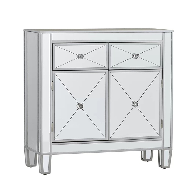 Silver/Champagne Modern Furniture 2 Drawers Narrow Glass Mirrored Storage Cabinet