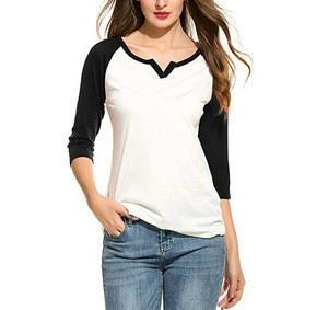 softtextile 3/4 Raglan Sleeve Contrast Color Spliced Round Neck Tee Tops Blouse Women Baseball T Shirt