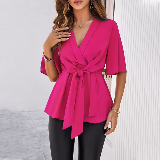 Import 2025 Spring Summer Womens Elegant Half Sleeve Strap Belted Waist Top Casual Office Blouses Female from China