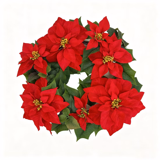 Factory Wholesale 23 Inches Width Red Artificial Poinsettia Wreath Outdoor Christmas Hanging