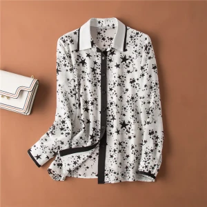 Star Printed Black and White Long Sleeve Shirt 100% Crepe De Chine Silk Blouses Women Shirt