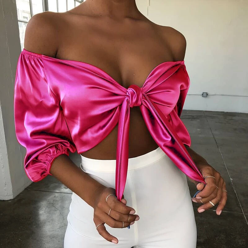Summer Bow Sashes Silk Satin Ladies Blouses V Neck Sexy Woman Off Shoulder Crop Tops Mujer Y Blusas Fashionable