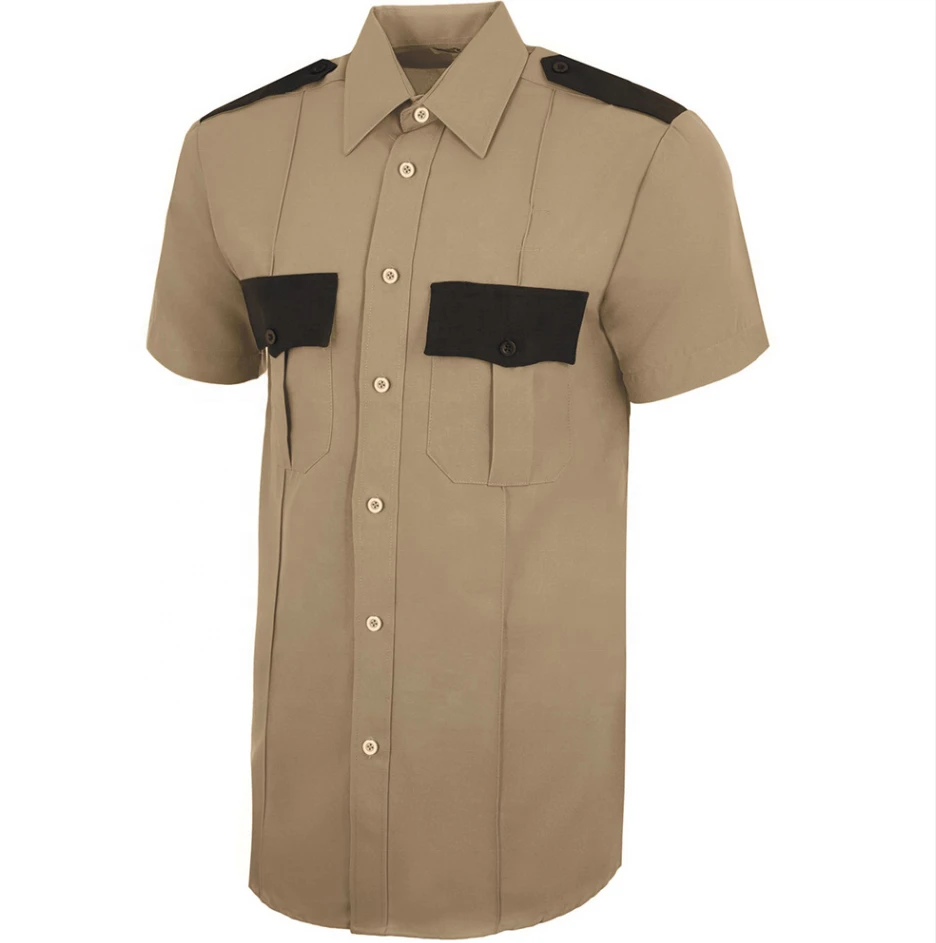 Summer short sleeve blue black two tone design button down custom officer tactical military guard uniform security shirts