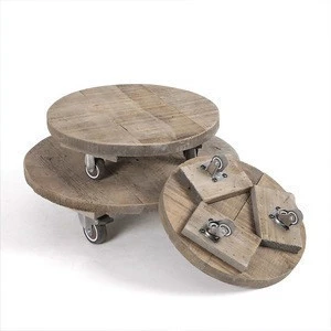 Support custom Round home decoration round wooden flower pot tray with wheels