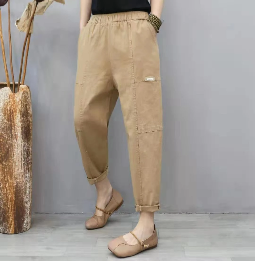 Thin cotton and linen pants are the first to make loose and straight trousers with elastic belt in summer