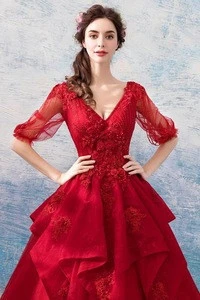 TS8888 Jancember  red elegant lace bridesmaid dress half sleeve evening dresses long with stones
