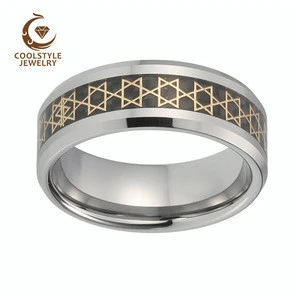 Tungsten Carbide Ring Carbon Fiber Based Gold David Star Foil Inlay Tungsten Wedding Ring