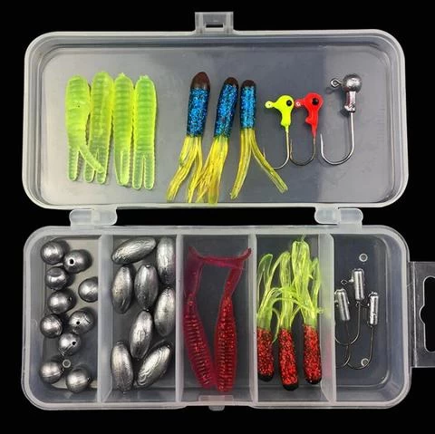 WEIHE Fish artificial bait 37pcs jig head hook with soft lure fishing lure set