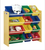 Wholesale wooden kids toy storage organizer with 12 plastic bins