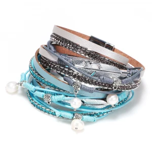 Women Multilayer Leather Rhinestone Crystal Beads Pearl Charm Bracelet Multilayer Leather Rhinestone Crystal Wrap Bracelet