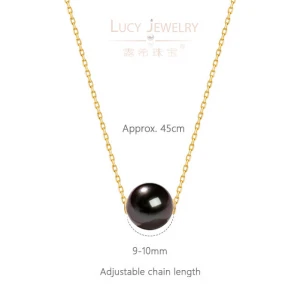 Womens 18K Pure Yellow Gold Chain Necklace with 9-10mm Natural Tahitian Pearl Wholesale Free Shipping