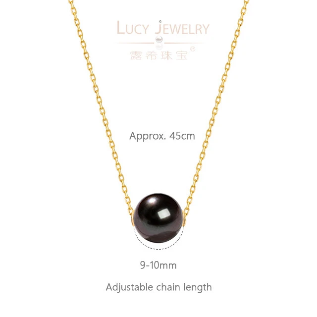 Womens 18K Pure Yellow Gold Chain Necklace with 9-10mm Natural Tahitian Pearl Wholesale Free Shipping