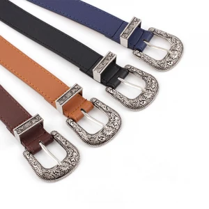 Women&#x27;s vintage Carved Pin buckle PU Leather belt casual fashion wild belt Jeans dress waistband