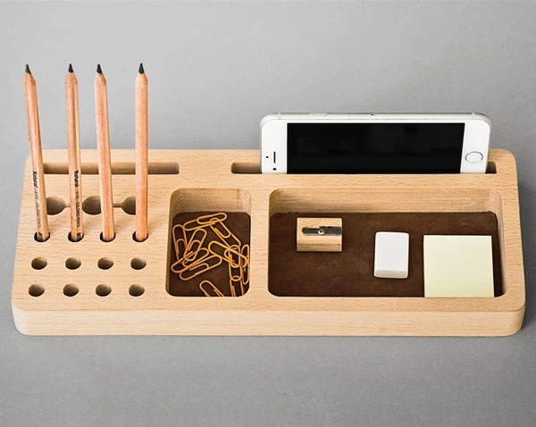 Wood Desk Organizer Accessories Tray, Pencil Holder Card and Phone Holder