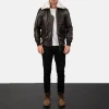 Mens Brown Leather Aviator Bomber Jacket with Fur Collar