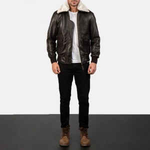 Mens Brown Leather Aviator Bomber Jacket with Fur Collar
