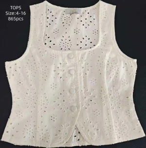 White Embroidery Hollow-out Denim Top100% Cotton