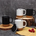 Custom Logo Nordic Matte color glaze adjustable 15oz Ceramic Coffee Mug With Wooden Insulated Cork Bottom