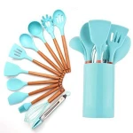 11pcs Silicone Cooking Kitchen Utensils Set Wooden Handles Cooking Tool BPA Free Non Toxic Silicone Turner Tongs Spatula