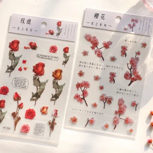 12 Designs Natural Daisy Clover Japanese Words Stickers Transparent PET Material Flowers Leaves Plants Deco Stickers