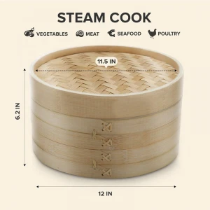 12 inch Bamboo Steamer Basket, 2 Tier Food Steamer, Natural Bamboo Dumpling Steamer with Lid contains 2 Pairs of Chopsticks