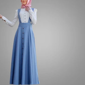 2016 Full Button Maxi Muslim Suspender Skirt Abaya Denim Fabric Islamic Clothing
