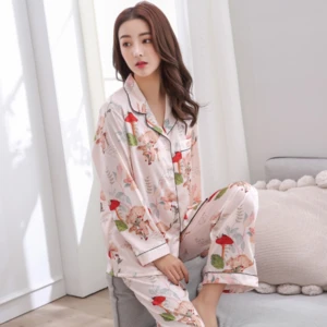 2018 Summer New Style Simiulation Silk Long Sleeves Women Multicolor Nightgown